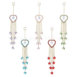 Natural Gemstone Heart Pendant Decorations, with Star Glass Beads and 304 Stainless Steel Split Rings, 216mm