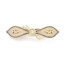 Alloy Crystal Rhinestone Hair Barrettes, with Imitation Pearl Beads, Teardrop with Flower, Light Gold, 24x88x30mm