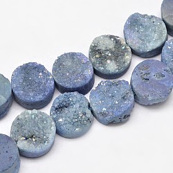Flache runde galvani natürliche druzy Quarzkristall Perlen Stränge, AB Farbe, gefärbt, hellstahlblau, 12x4~7 mm, Bohrung: 1 mm, ca. 16 Stk. / Strang, 8 Zoll