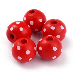 Perles en bois naturel teintes, rond avec point d'onde, rouge, 16x15mm, Trou: 4mm
