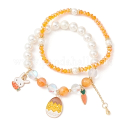 Ensemble de bracelets extensibles en perles et perles, 2 pièce, 2 styles, thème de pâques, bracelets empilables lapin et fleur en alliage émaillé, orange, diamètre intérieur: 2-1/8 pouce (5.5 cm), 1pc / style