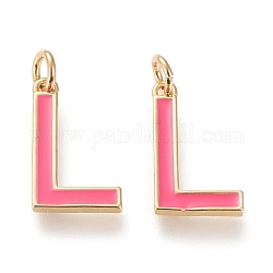 Brass Enamel Pendants, with Jump Ring, Long-Lasting Plated, Real 18K Gold Plated, Letter.L, Hot Pink, Letter.L, L: 17.5x10x1.8mm, Jump Rings: Inner Diameter: 3mm