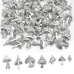 Globleland 80 pz 7 pendenti in lega di stile tibetano, fascino di funghi, argento antico, 13.3~29.5x7.5~20x2.3~6mm, Foro: 1.6~2.3 mm