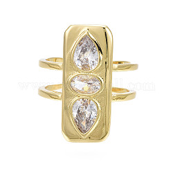 Прямоугольное открытое кольцо-манжета из кубического циркония, настоящее 18-каратное позолоченное латунное широкое кольцо с двумя линиями для женщин, без никеля , прозрачные, размер США 7 1/4 (17.5 мм)