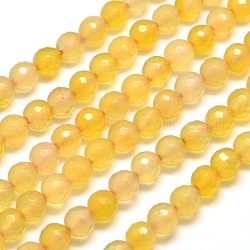 Dyed Natural Agate Faceted Round Beads Strands, Goldenrod, 8mm, Hole: 1mm, about 48pcs/strand, 14.5 inch