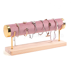 Samt-T-Bar-Armband-Präsentationsständer, Schmuck-Organizer-Halter mit Holzsockel, zur Aufbewahrung von Armbändern und Uhren, hellviolettrot, 29x7x12.5 cm