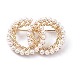 Plastic Imitation Pearl Beads Brooch, with Rhinestone and Alloy Findings, Double Ring, Golden, 32x48x5.5mm
