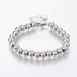 304 bracelet en acier inoxydable avec 201 perles rondes en acier inoxydable, avec fermoir mousqueton, couleur inoxydable, 6-3/4 pouce (170 mm), 8mm