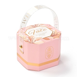 Octagon Foldable Creative Paper Gift Box, Flower Pattern with Handle, Decorative Gift Box for Weddings, Pink, 14x9.1x7cm
