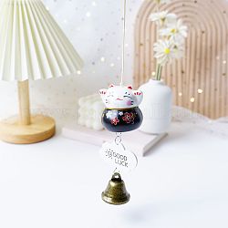 Maneki Neko in porcellana da appendere con campanelli eolici, feng shui gatto fortunato per interni auto campane ornamenti appesi, nero, 280mm