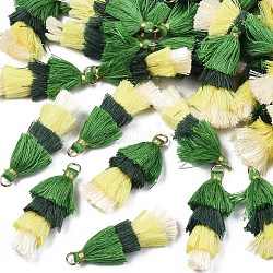 Polycoton (polyester coton) pompon en couches grandes décorations pendantes, avec les accessoires en fer, or, verte, 48~55x12~15mm, Trou: 2.5x4.5mm