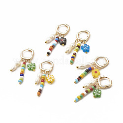 Natural Pearl & Glass Beads Dangle Hoop Earring, Flower Millefiori Glass Beads Drop Earrings for Women, Golden, Colorful, 40mm, Pin: 0.9mm