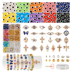 Kit de fabrication de bracelet diy mauvais œil, y compris les liens en alliage croix et ancre et étoile et libellule, perles rondes plates en résine et fer, ciseaux, couleur mixte, 628 pièces / kit