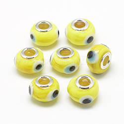 Œil maléfique fait à la main lampwork européen perles, avec doubles noyaux de cuivre, Perles avec un grand trou   , rondelle, platine, jaune, 14~15x10~11mm, Trou: 5mm