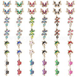 CHGCRAFT 48Pcs 24 Style Alloy Enamel Connector Charms, Animals Links with Crystal Rhinestone, Light Gold, Cadmium Free & Nickel Free & Lead Free, Mixed Color, 22~30x12~16x1.5~3mm, Hole: 1.5~1.6mm, 2pcs/style