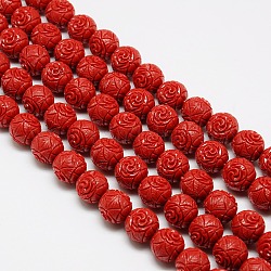 Chapelets de perles en corail synthétique, teinte, perles rondes sculpté de fleurs rose, rouge foncé, 8mm, Trou: 1mm, Environ 52 pcs/chapelet, 15.74 pouce