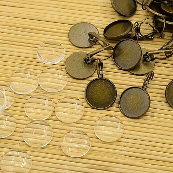 Brass Leverback Hoop Earring Components and Flat Round Transparent Clear Glass Cabochons KK-X0004-NF