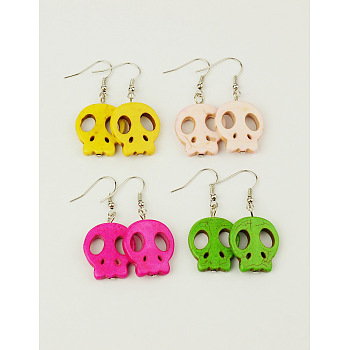 Fashion Earrings For Halloween, with Skull Synthetical Howlite Beads and Brass Earrings Hooks, Mixed Color, 43mm