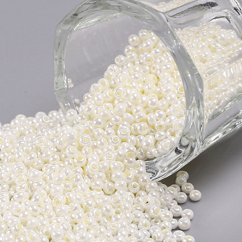 11/0 Grade A Ceylon Glass Seed Beads, Round, Floral White, 2.3x1.5mm, Hole: 1mm, about 5300pcs/50g