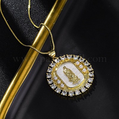 Латунные прозрачные кубические цирконии плоские круглые с подвеской Девы Марии NJEW-C071-07B-G-1