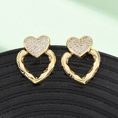 Серьги-гвоздики в форме сердца из латуни с микропаве из циркония EJEW-B153-14G-1