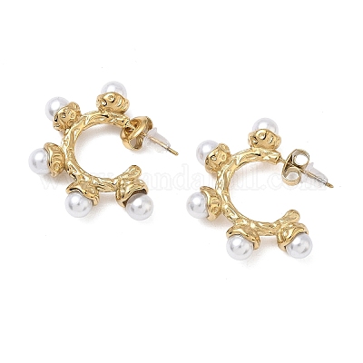 Серьги-гвоздики C-образной формы с искусственным жемчугом из АБС-стали 304 EJEW-K268-58G-1