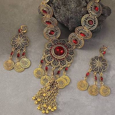 Комплекты ожерелий и серег-колец из цинкового сплава и стекла в стиле «Цветочная Богемия» FS-WGA974D-05-1