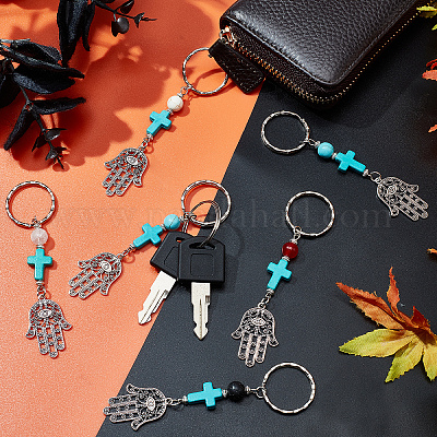 AHANDMAKER 20 Pcs Hamsa Hand Evil Eye Keychains, 5 Styles Fatima Palm Protection Charms Key Holder with Mixed Gemstone Bead 