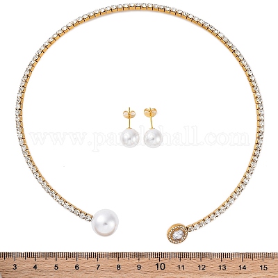 Круглые пластиковые серьги-гвоздики с имитацией жемчуга и комплекты колье-чокеров с кубическим цирконием и стразами SJEW-U003-03G-1