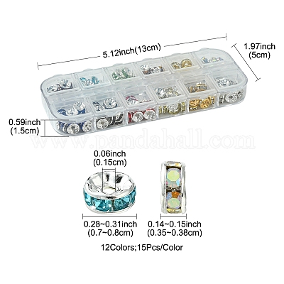 156個 12スタイル真鍮、鉄ラインストーンスペーサービーズ付き グレードA ストレートフランジ 銀色のメッキ ロンデル ミックスカラー 7~8x3.5~3.8mm  穴：1.5~2mm 13個/スタイルの通販 - PandaHall（パンダホール）