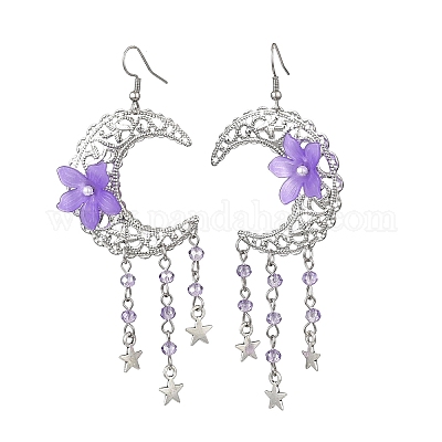 2 пара серег-подвесок из сплава и железа в форме луны с цветком EJEW-JE06766-1