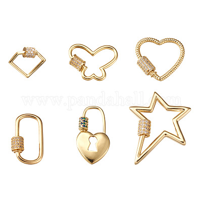 Pandahall 6Pcs Brass Mixed Shapes Screw Carabiner Lock Charms Clasps Golden  Brass Micro Pave Clear Cubic Zirconia Keychain Clip Hook for Necklaces