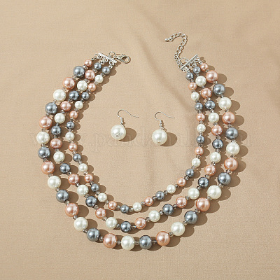 Комплекты из многослойных ожерелий и висячих серег с круглыми бусинами из искусственного жемчуга WG4EAB6-02-1
