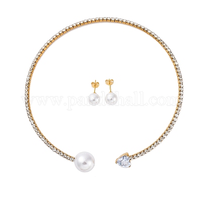 Круглые пластиковые серьги-гвоздики с имитацией жемчуга и колье-чокер с сердечками из кубического циркония и стразами SJEW-U003-10G-1