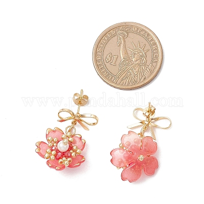 Серьги-гвоздики с подвесками из стеклянных бусин ручной работы в виде цветка EJEW-MZ00471-04-1