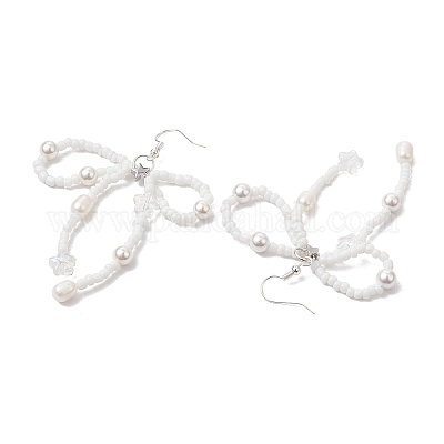 Серьги с подвесками из натурального культивированного пресноводного жемчуга и стеклянных бусин EJEW-TA00500-1