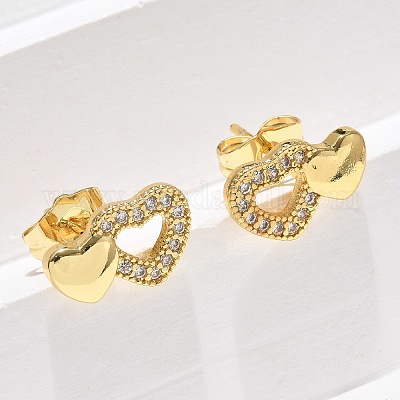 Серьги-гвоздики в форме сердца ко Дню святого Валентина из латуни с микропаве из прозрачных кубических цирконий EJEW-D305-22G-03-1