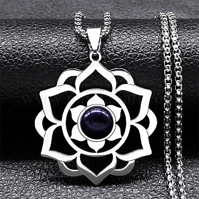 Ожерелья с подвеской в виде цветка лотоса из нержавеющей стали 201 с синтетическим синим золотым камнем для женщин NJEW-K283-26P-1