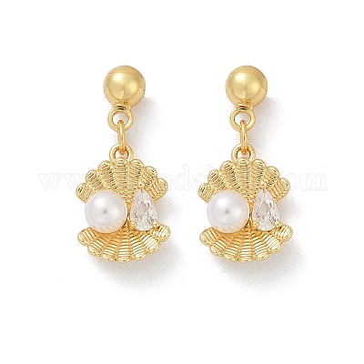 Серьги-гвоздики в форме ракушки из латуни с микропаве из прозрачных кубических цирконий EJEW-F895-13G-1