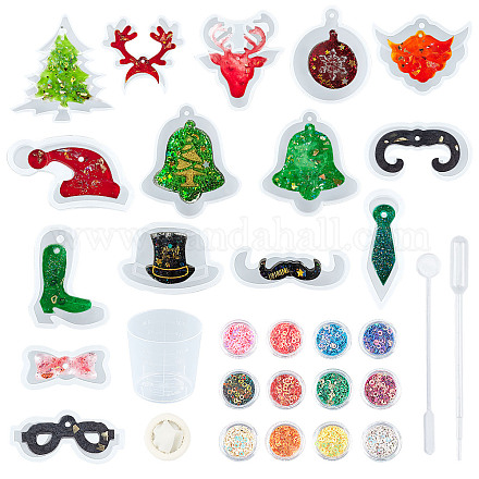 OLYCRAFT 61pcs Christmas Theme Pendant Silicone Molds Christmas Ornament Molds Resin Casting Molds Including Antler Xmas Tree Bell Stock Molds Sequin Fillers and Resin Tools for Christmas Decorations DIY-OC0001-80-1