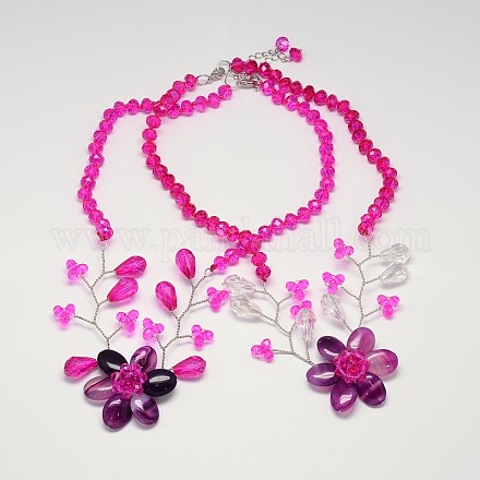 Flower Glass Beads Bib Statement Necklaces NJEW-P102-76C-1