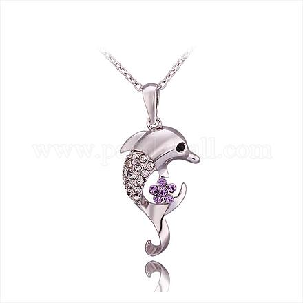 Real Platinum Plated Eco-Friendly Tin Alloy Czech Rhinestone Dolphin Pendant Necklaces NJEW-BB12096-P-1