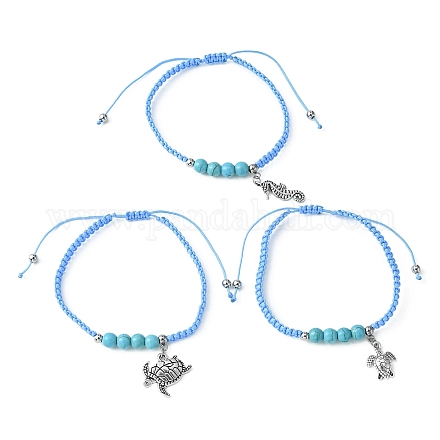 Set di braccialetti con ciondoli in lega di tartaruga e cavalluccio marino da 3 pz BJEW-JB09523-1
