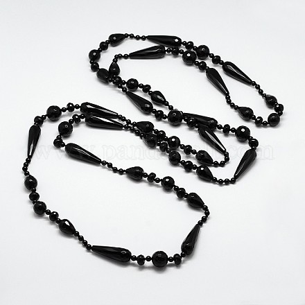 Long Natural Faceted Onxy Black Agate Teardrop and Round Beaded Necklaces NJEW-L102-05-1