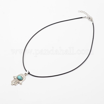 Palm Tibetan Style Alloy Synthetic Turquoise Pendant Necklaces NJEW-F197-19-1