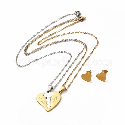 Colliers pendentifs et boucles d'oreilles coeur et couple clé SJEW-E045-03GP-1