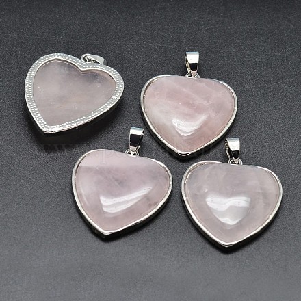 Coeur en laiton plaqué platine pendentifs quartz rose naturel G-F228-10F-RS-1
