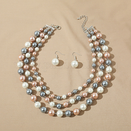 Комплекты из многослойных ожерелий и висячих серег с круглыми бусинами из искусственного жемчуга WG4EAB6-02-1