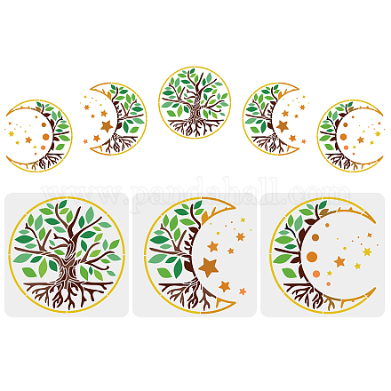 FINGERINSPIRE 3 Pcs Tree of Life Stencil 30x30cm Moon Phase Stencil Plastic Moon Star Stencil Reusable Tree Moon Pattern Stencils for Painting on Wood DIY-WH0172-668-1