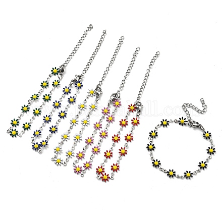304 Stainless Steel Flower Link Chain Bracelets with Enamel BJEW-E088-02P-1
